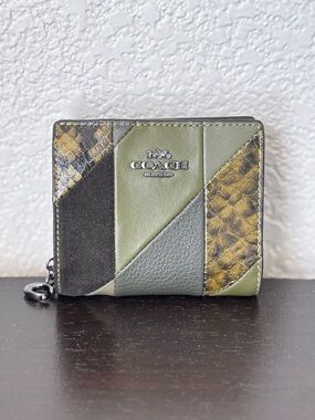 COACH Olive Green & Black Snap Wallet with Patchwork and Snakeprint